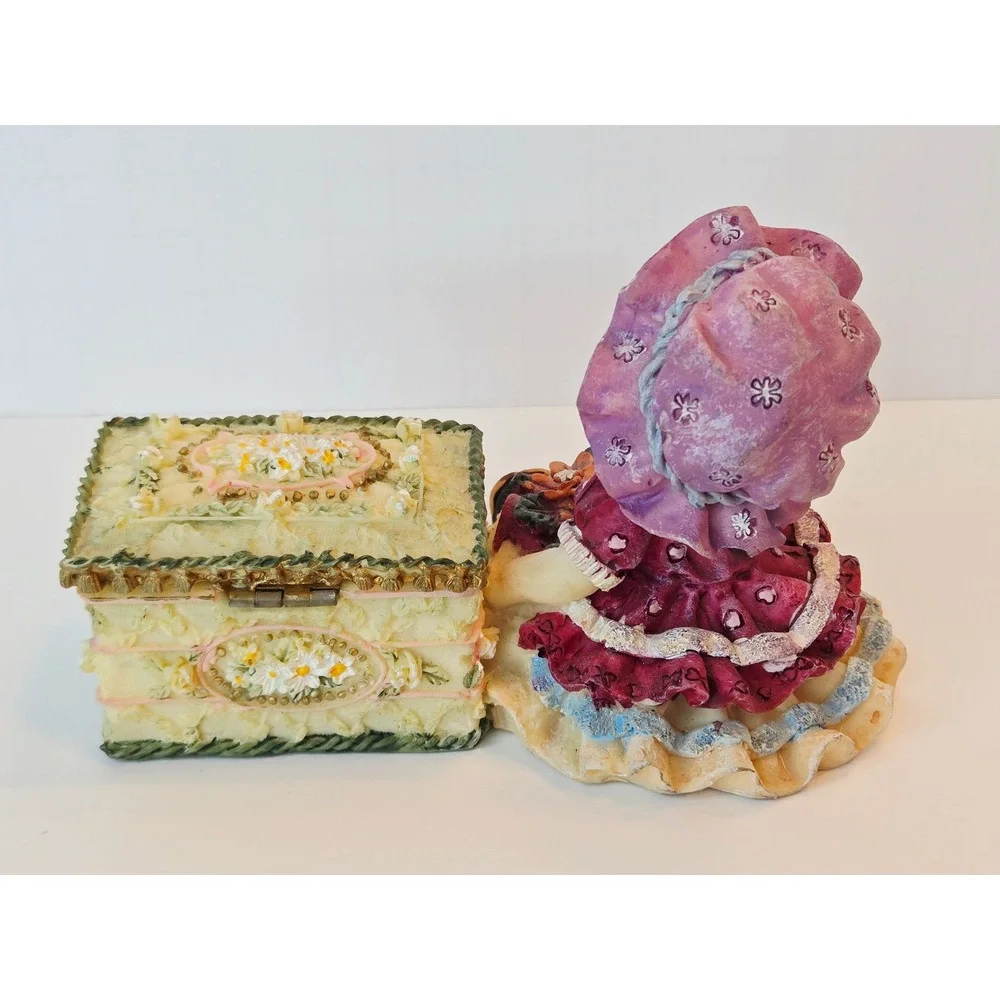 Vintage‎ Style Girl Figurine with Floral Hinged Trinket Box-Cottagecore